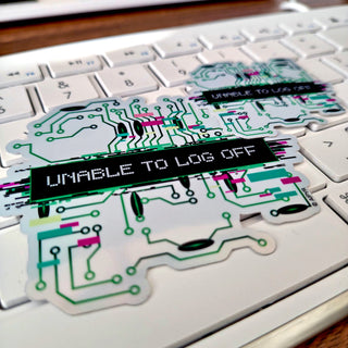 Close up of the Unable to Log Off Sticker