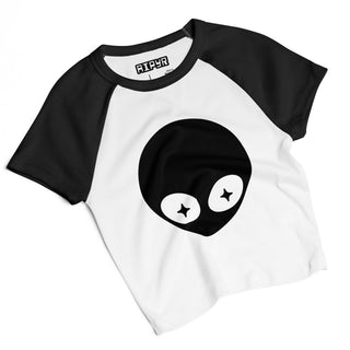 Front flat view of the Y2K Alien Head Baby Tee.