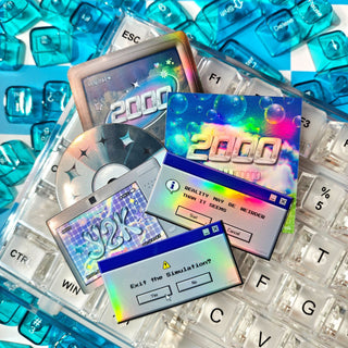 Keyboard keys with retro computer graphics and '2000' text on a blue checkered background