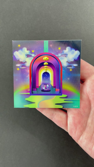 Video of the Surreal Fantasy Holographic Sticker by AIPYR over a black background. 