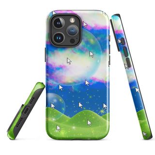 Phone case with a colorful design of a landscape and space elements on a white background
