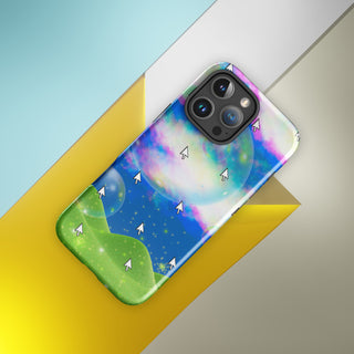 Phone case with colorful design on a geometric background
