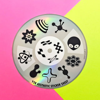 Y2K Aesthetic Sticker Sheet on a pink and green gradient background