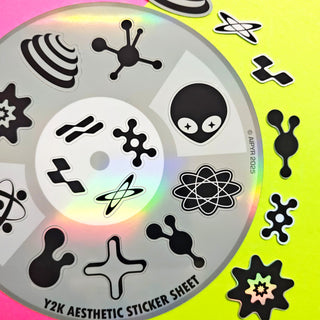 Y2K Aesthetic Sticker Sheet with black symbols on a colorful background