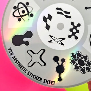Sticker sheet with black and white designs on a colorful background